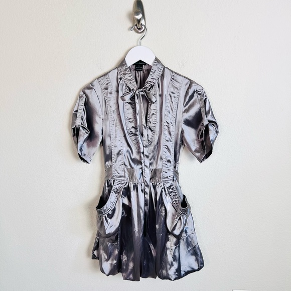 Y2K Silver Satin V-Neck Neck Tie Short Sleeve Bubble Mini Dress - Picture 4 of 16
